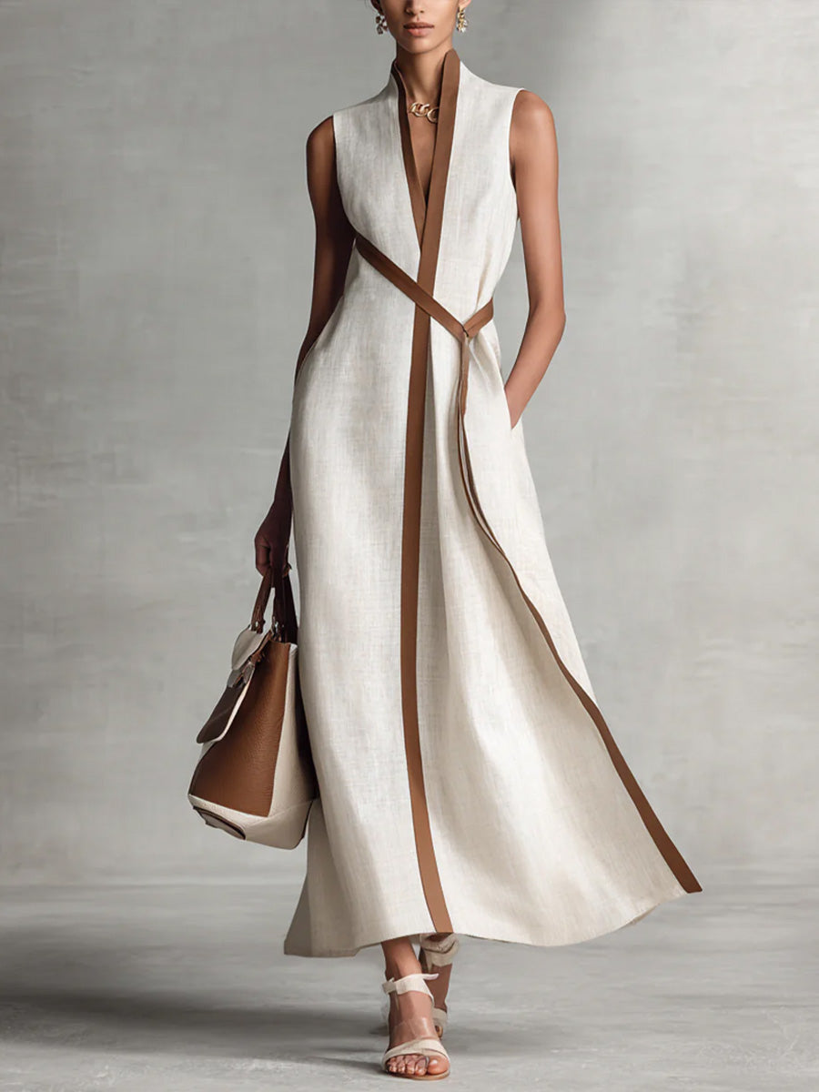 Femme Robe Longue Sans Manches col V avec Liseré Contrasté et Poches