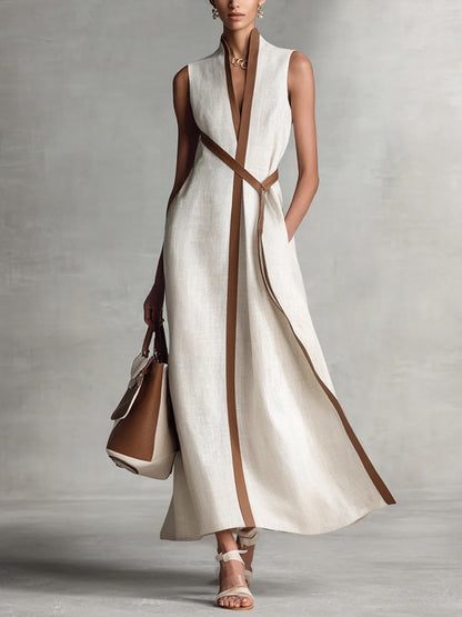 Femme Robe Longue Sans Manches col V avec Liseré Contrasté et Poches
