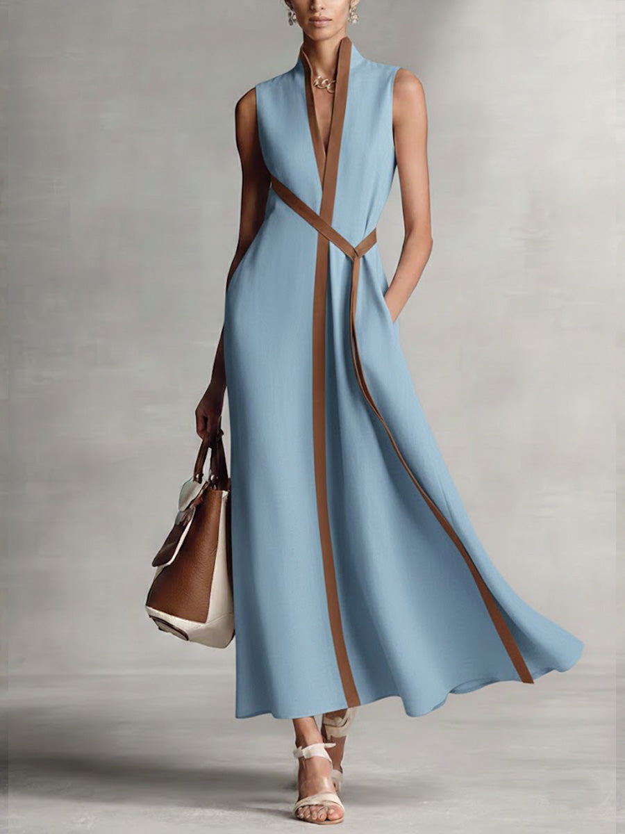Femme Robe Longue Sans Manches col V avec Liseré Contrasté et Poches