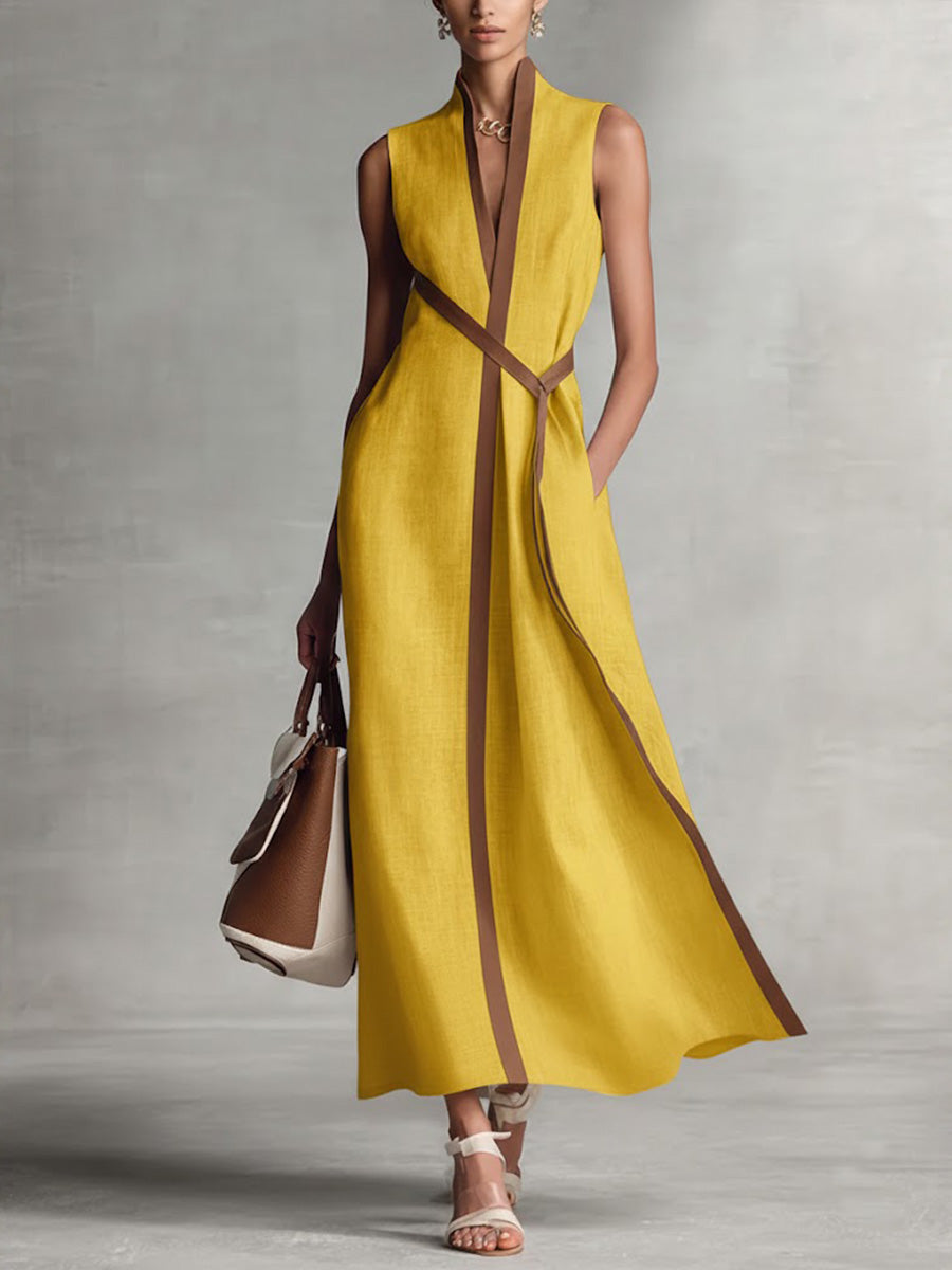 Femme Robe Longue Sans Manches col V avec Liseré Contrasté et Poches