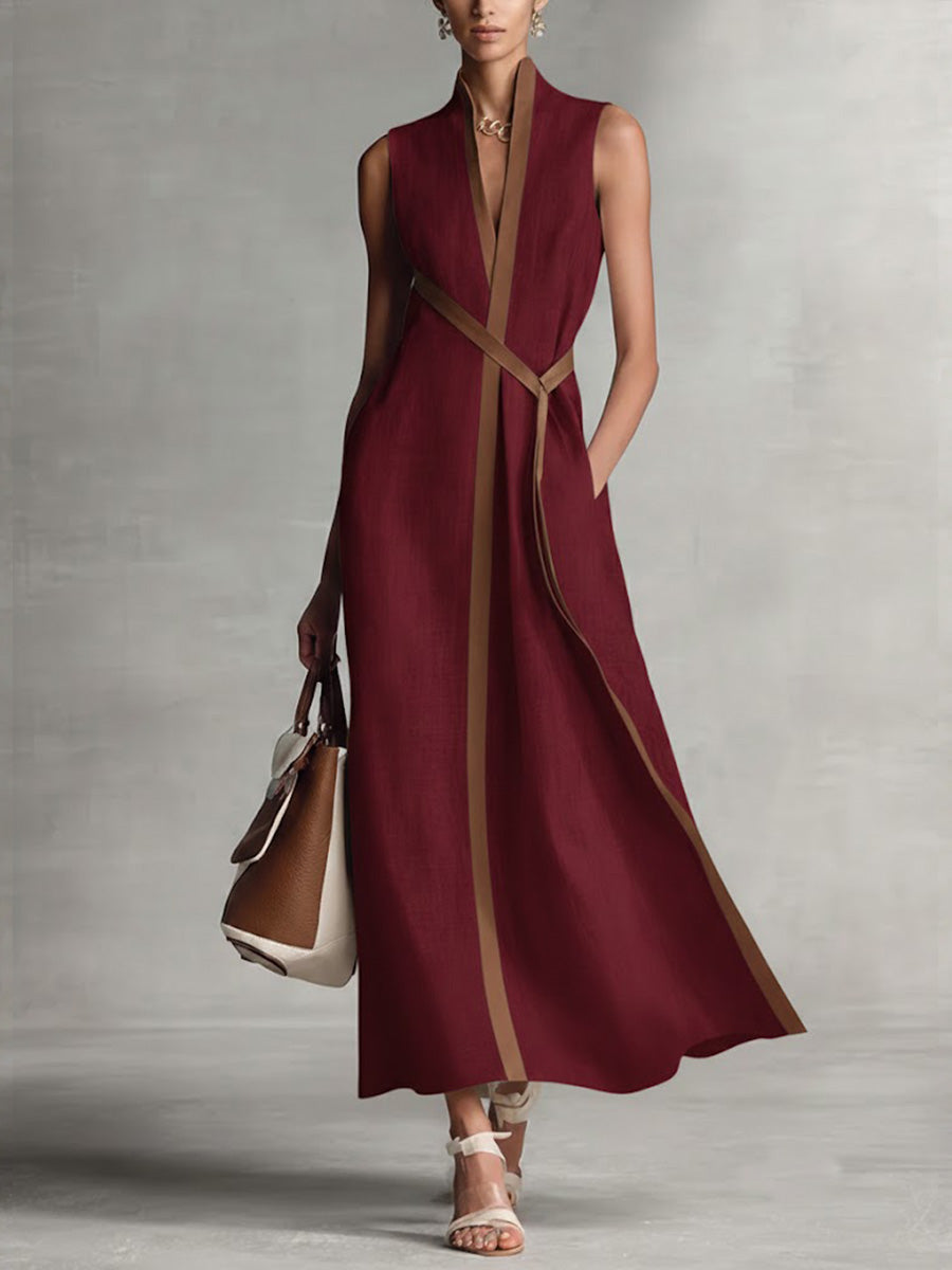Femme Robe Longue Sans Manches col V avec Liseré Contrasté et Poches