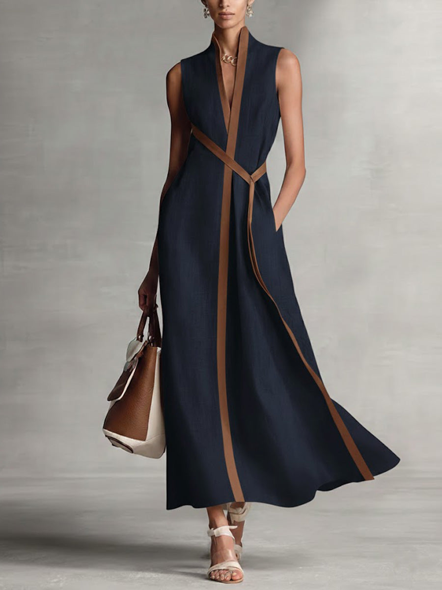 Femme Robe Longue Sans Manches col V avec Liseré Contrasté et Poches