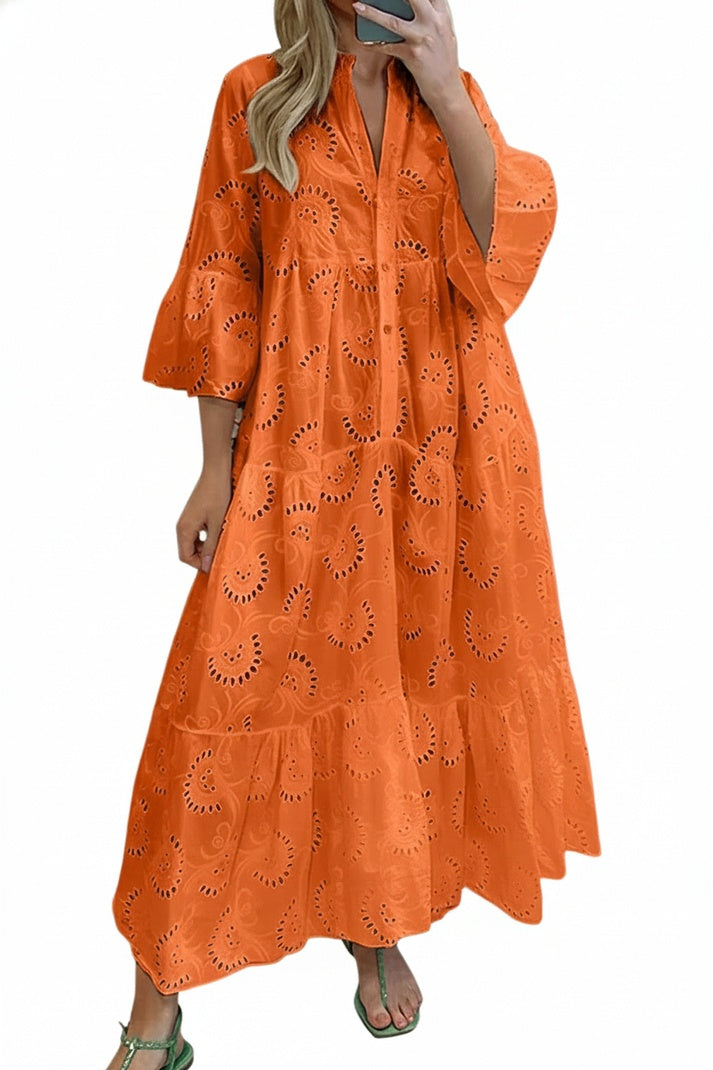 Femme Robe Maxi à Col en V avec Broderie Ajourée et Manches Trois-quarts