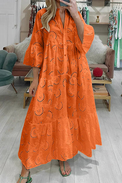 Femme Robe Maxi à Col en V avec Broderie Ajourée et Manches Trois-quarts