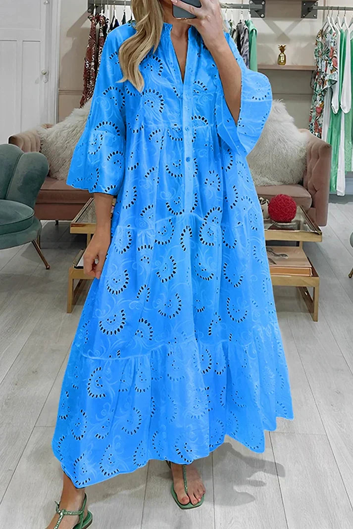 Femme Robe Maxi à Col en V avec Broderie Ajourée et Manches Trois-quarts