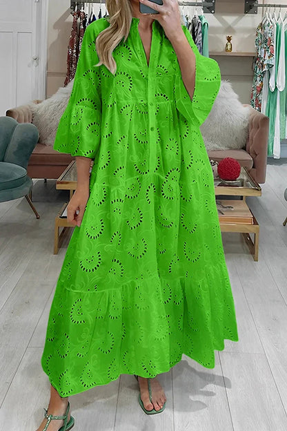Femme Robe Maxi à Col en V avec Broderie Ajourée et Manches Trois-quarts