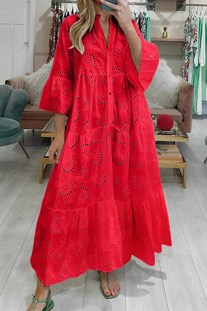 Femme Robe Maxi à Col en V avec Broderie Ajourée et Manches Trois-quarts