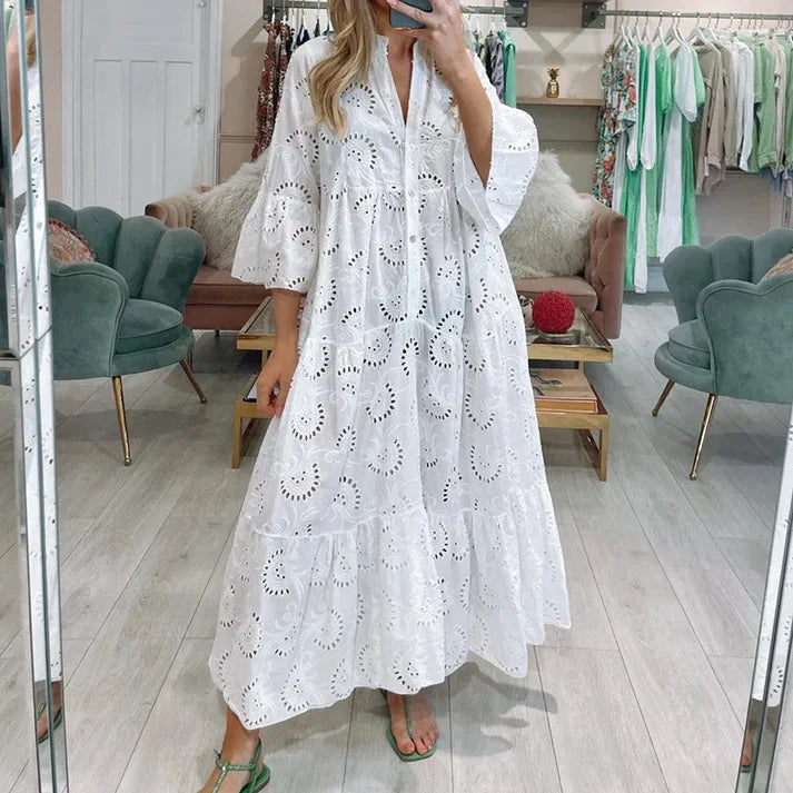Femme Robe Maxi à Col en V avec Broderie Ajourée et Manches Trois-quarts