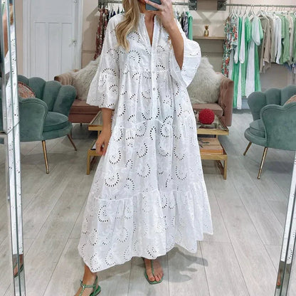 Femme Robe Maxi à Col en V avec Broderie Ajourée et Manches Trois-quarts