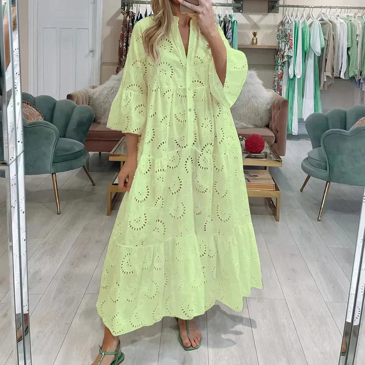 Femme Robe Maxi à Col en V avec Broderie Ajourée et Manches Trois-quarts