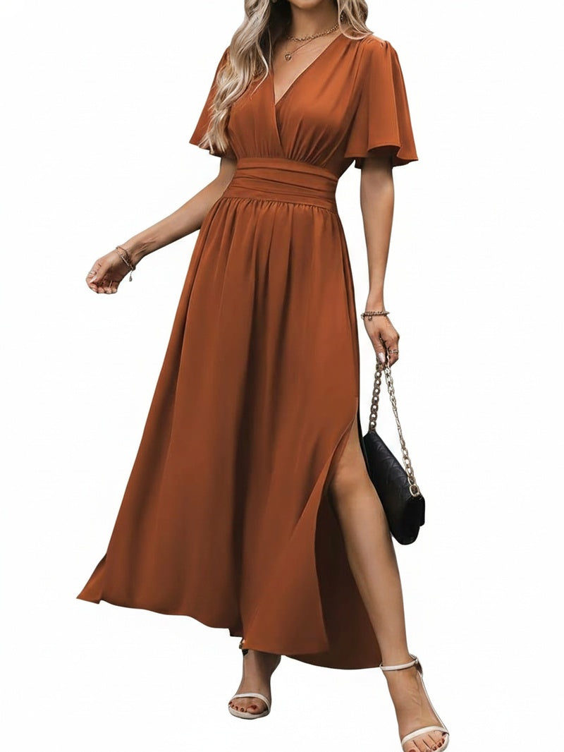 Femme Robe Maxi à Col en V avec Manches Papillon et Taille Froncée A-ligne