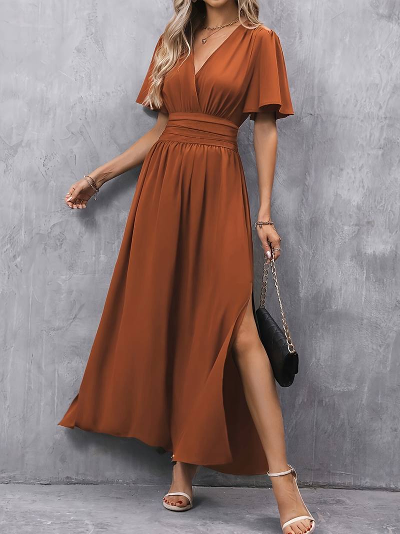 Femme Robe Maxi à Col en V avec Manches Papillon et Taille Froncée A-ligne
