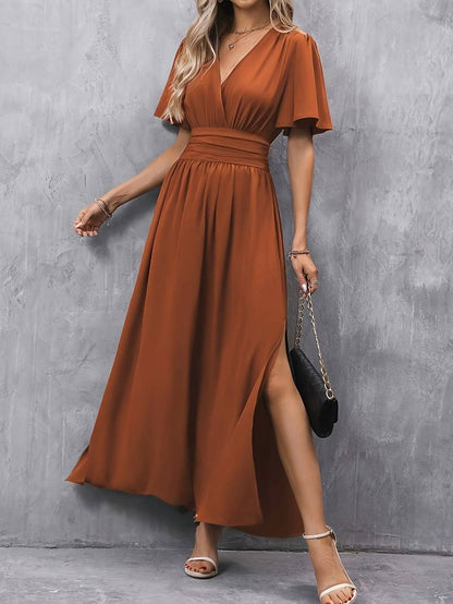 Femme Robe Maxi à Col en V avec Manches Papillon et Taille Froncée A-ligne