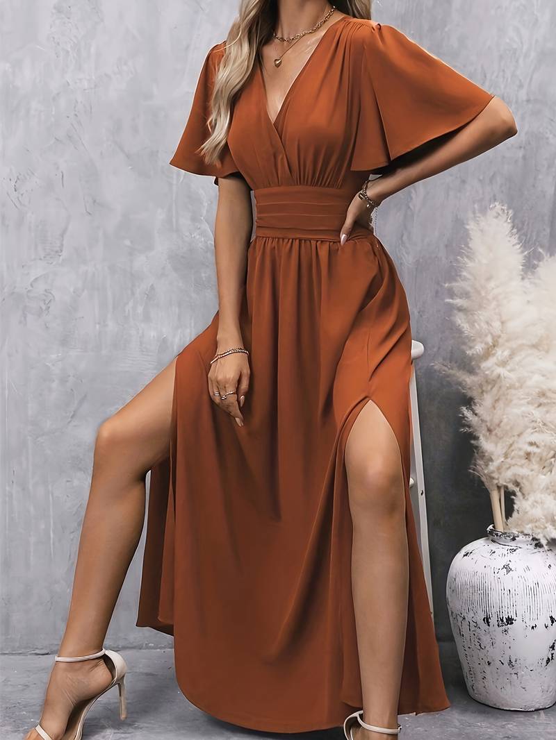Femme Robe Maxi à Col en V avec Manches Papillon et Taille Froncée A-ligne