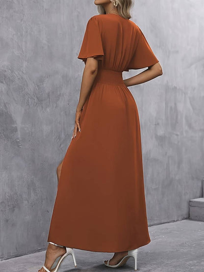 Femme Robe Maxi à Col en V avec Manches Papillon et Taille Froncée A-ligne