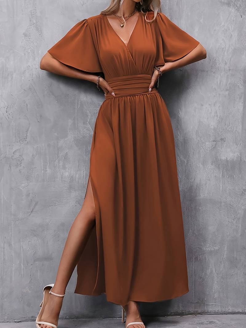 Femme Robe Maxi à Col en V avec Manches Papillon et Taille Froncée A-ligne