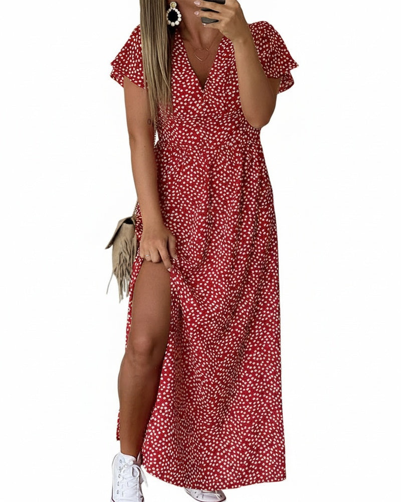 Femme Robe Maxi à Imprimé Fleuri avec Col en V et Manches à Volants