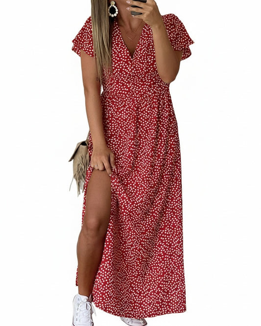 Femme Robe Maxi à Imprimé Fleuri avec Col en V et Manches à Volants