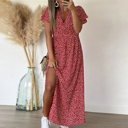 Femme Robe Maxi à Imprimé Fleuri avec Col en V et Manches à Volants