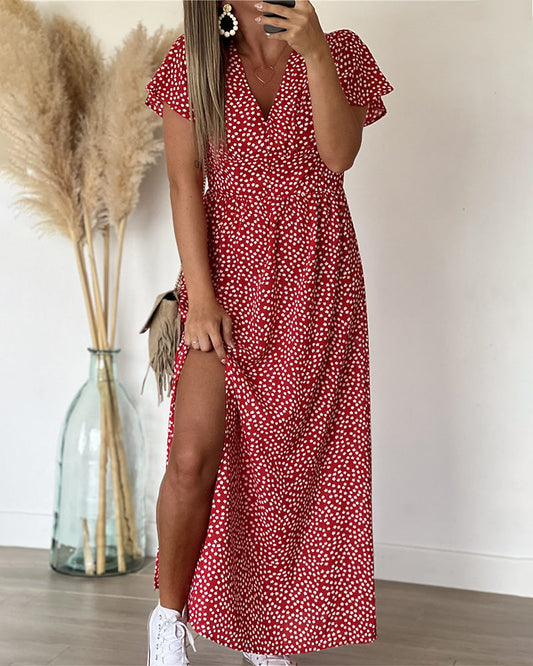Femme Robe Maxi à Imprimé Fleuri avec Col en V et Manches à Volants