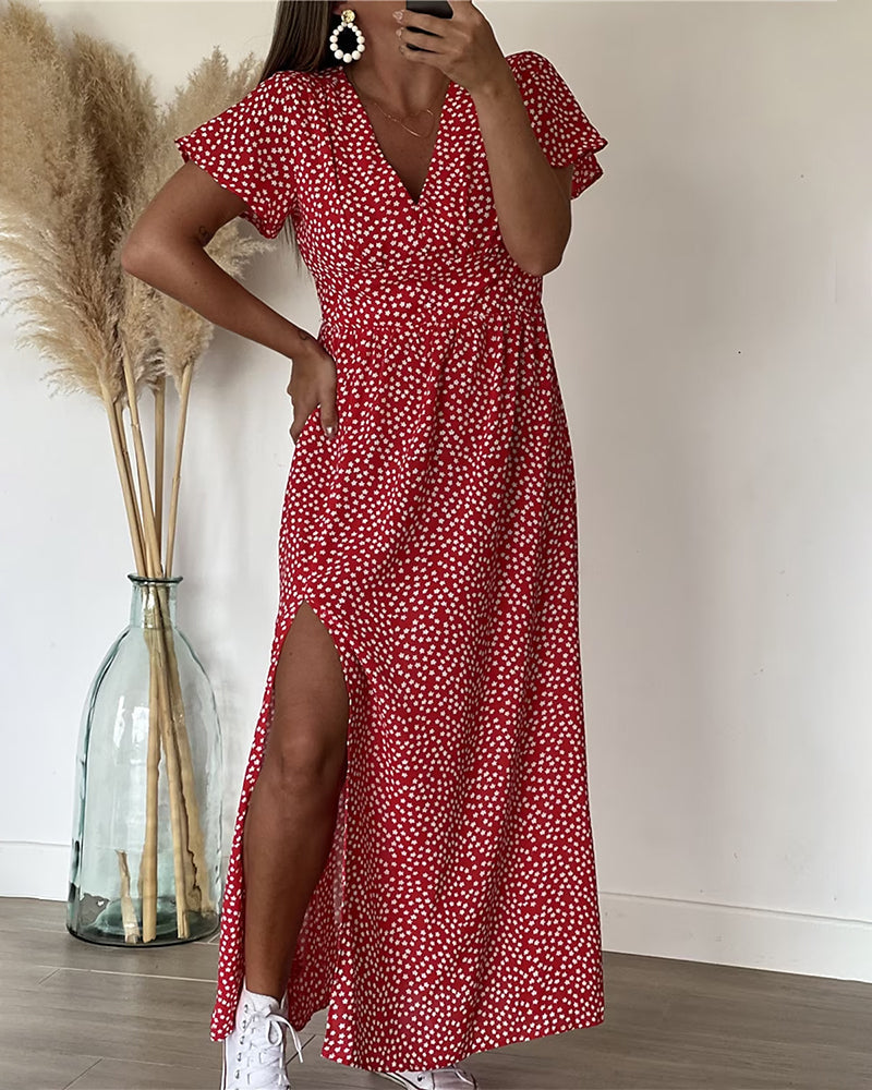 Femme Robe Maxi à Imprimé Fleuri avec Col en V et Manches à Volants