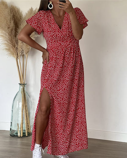 Femme Robe Maxi à Imprimé Fleuri avec Col en V et Manches à Volants