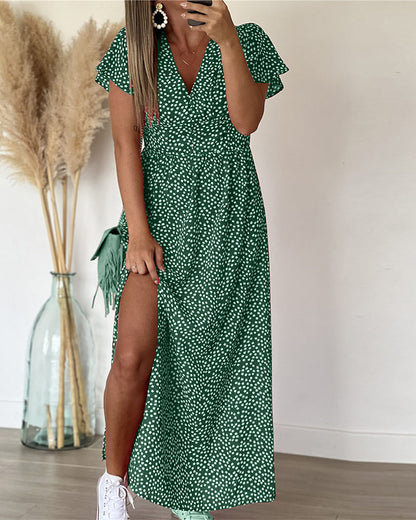 Femme Robe Maxi à Imprimé Fleuri avec Col en V et Manches à Volants