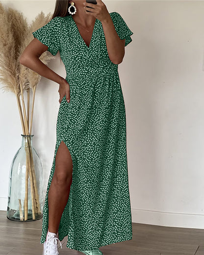 Femme Robe Maxi à Imprimé Fleuri avec Col en V et Manches à Volants
