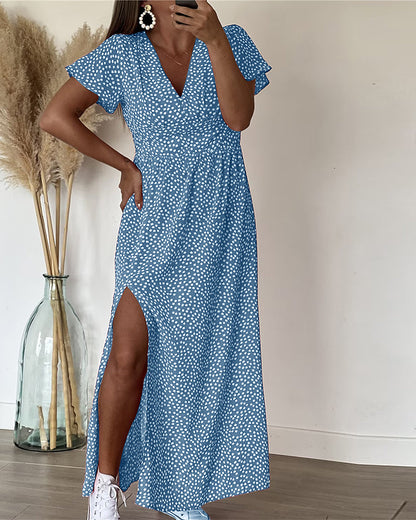 Femme Robe Maxi à Imprimé Fleuri avec Col en V et Manches à Volants