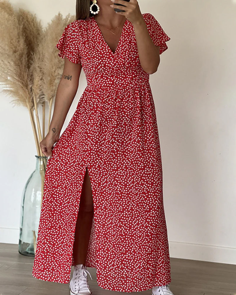 Femme Robe Maxi à Imprimé Fleuri avec Col en V et Manches à Volants