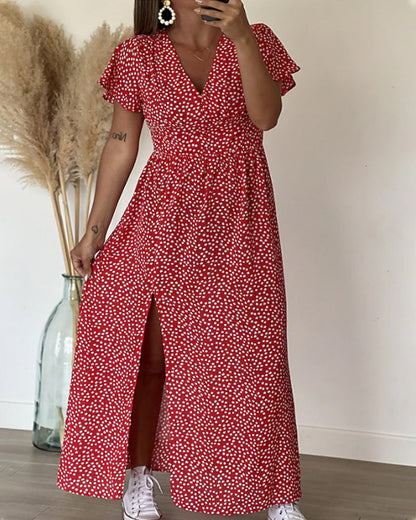 Femme Robe Maxi à Imprimé Fleuri avec Col en V et Manches à Volants
