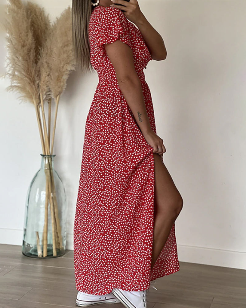 Femme Robe Maxi à Imprimé Fleuri avec Col en V et Manches à Volants
