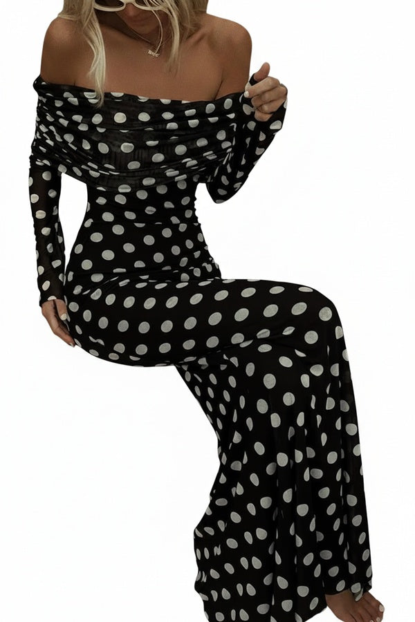Femme Robe Maxi à Pois Épaules Dénudées Manches Longues Froncée Slim Fit