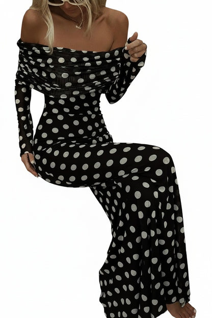 Femme Robe Maxi à Pois Épaules Dénudées Manches Longues Froncée Slim Fit