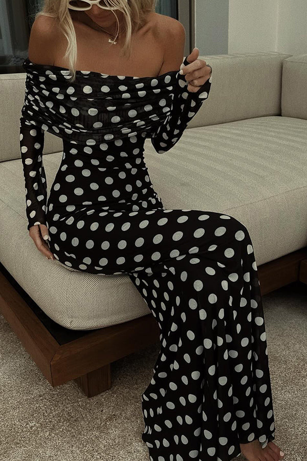 Femme Robe Maxi à Pois Épaules Dénudées Manches Longues Froncée Slim Fit