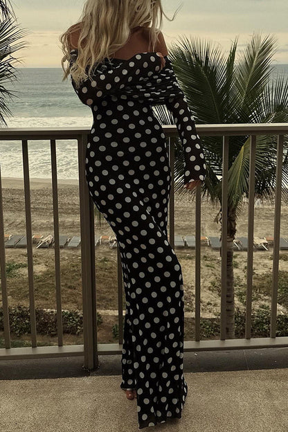 Femme Robe Maxi à Pois Épaules Dénudées Manches Longues Froncée Slim Fit