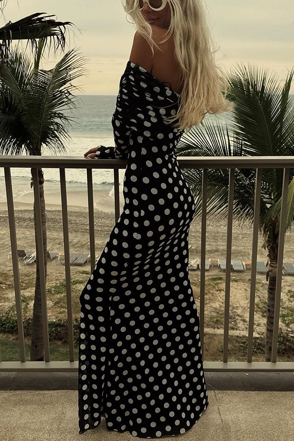 Femme Robe Maxi à Pois Épaules Dénudées Manches Longues Froncée Slim Fit