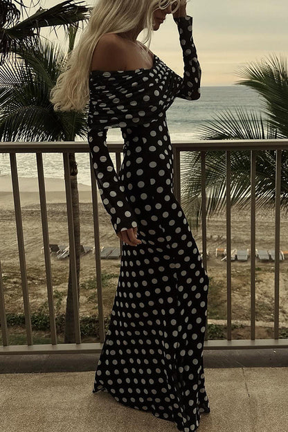 Femme Robe Maxi à Pois Épaules Dénudées Manches Longues Froncée Slim Fit