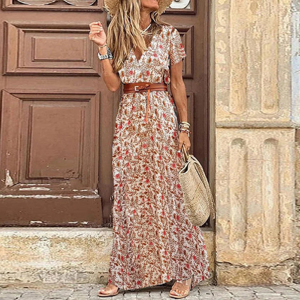 Femme Robe Maxi Bohème à Imprimé Fleuri avec Col en V et Manches Courtes