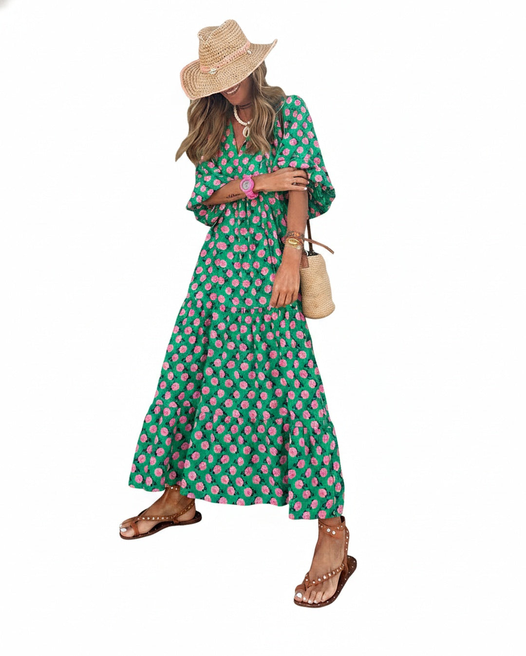 Femme Robe Maxi Bohème à Imprimé Floral avec Col en V et Manches Bouffantes