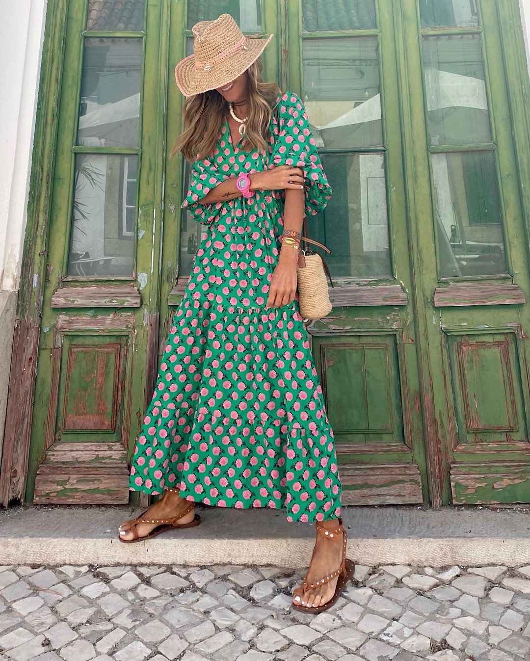 Femme Robe Maxi Bohème à Imprimé Floral avec Col en V et Manches Bouffantes