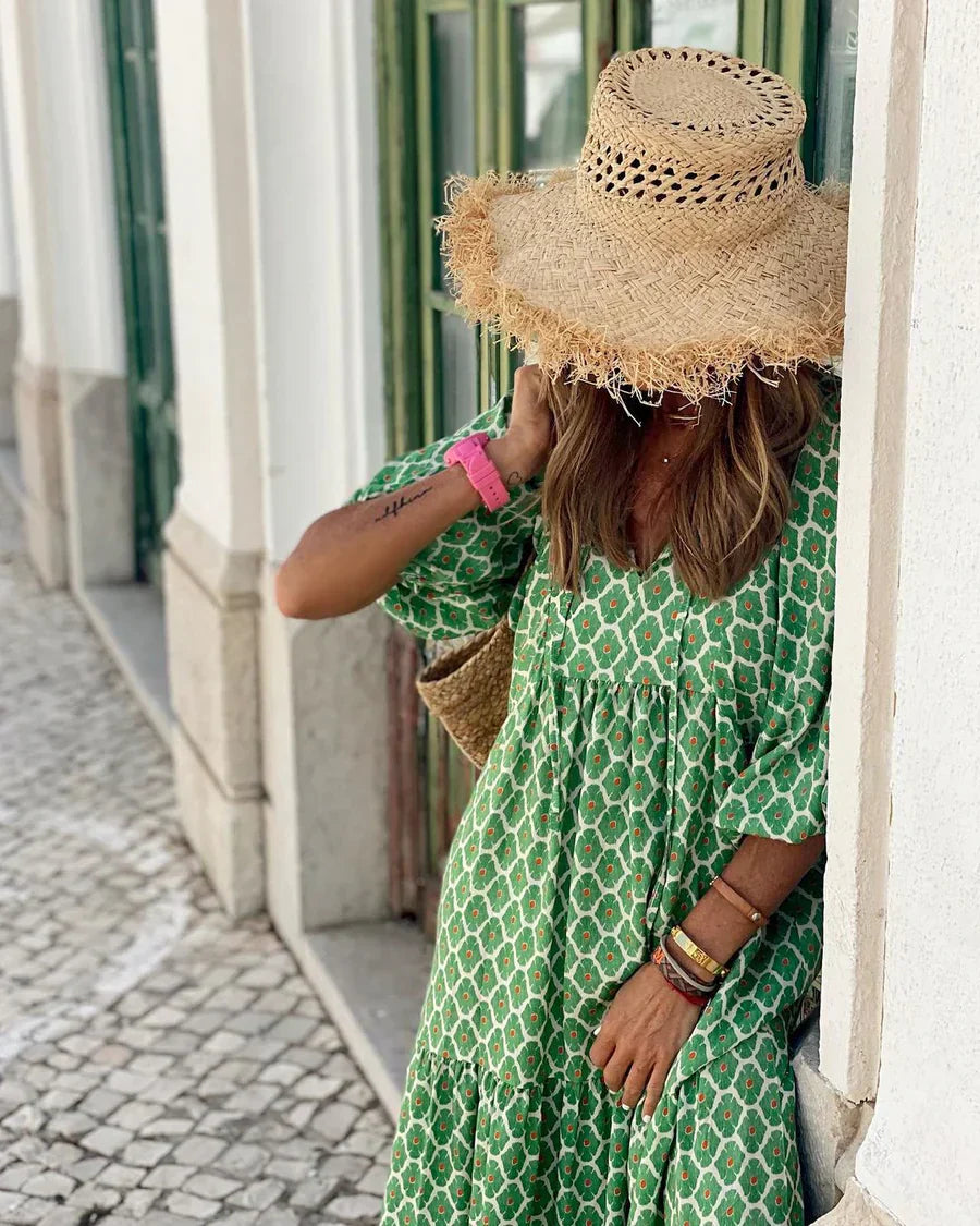 Femme Robe Maxi Bohème à Imprimé Floral avec Col en V et Manches Bouffantes
