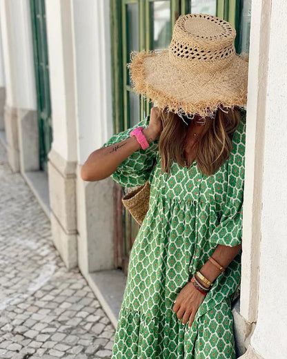Femme Robe Maxi Bohème à Imprimé Floral avec Col en V et Manches Bouffantes