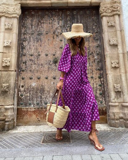 Femme Robe Maxi Bohème à Imprimé Floral avec Col en V et Manches Bouffantes
