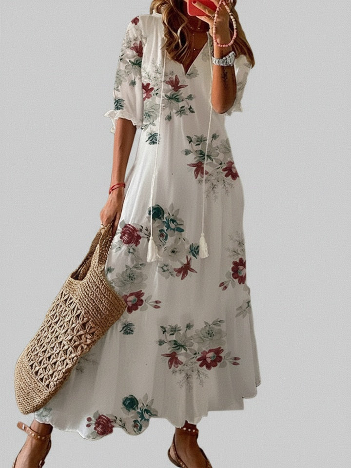 Femme Robe Maxi Bohème à Imprimé Floral avec Col en V et Manches Courtes
