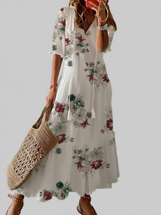 Femme Robe Maxi Bohème à Imprimé Floral avec Col en V et Manches Courtes