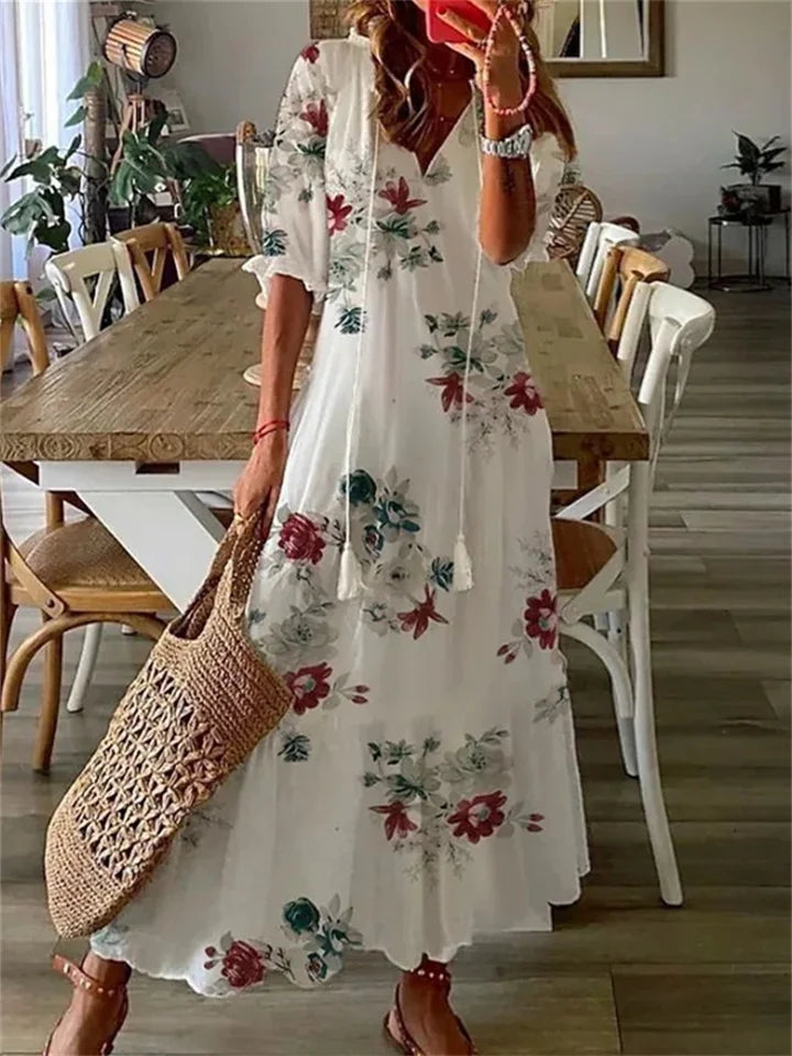 Femme Robe Maxi Bohème à Imprimé Floral avec Col en V et Manches Courtes