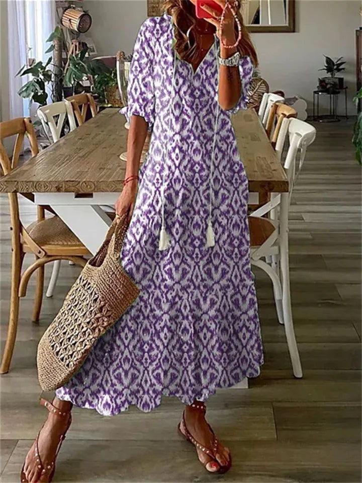 Femme Robe Maxi Bohème à Imprimé Floral avec Col en V et Manches Courtes