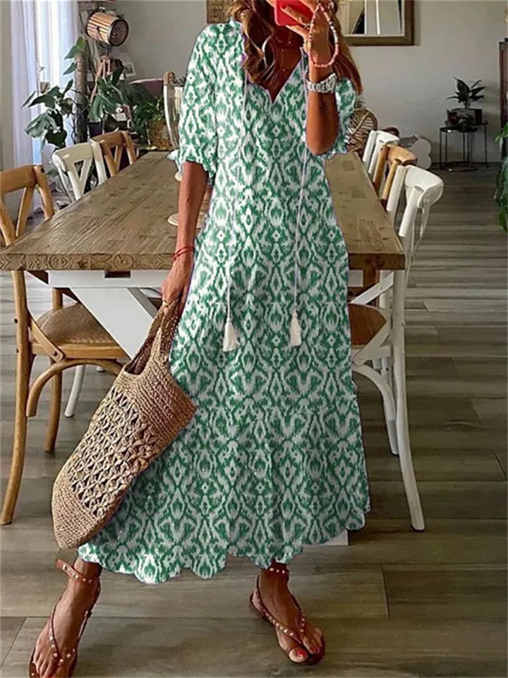 Femme Robe Maxi Bohème à Imprimé Floral avec Col en V et Manches Courtes