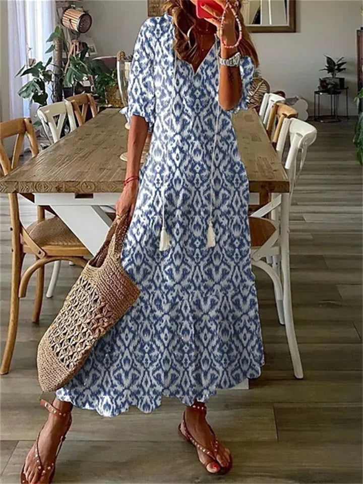 Femme Robe Maxi Bohème à Imprimé Floral avec Col en V et Manches Courtes